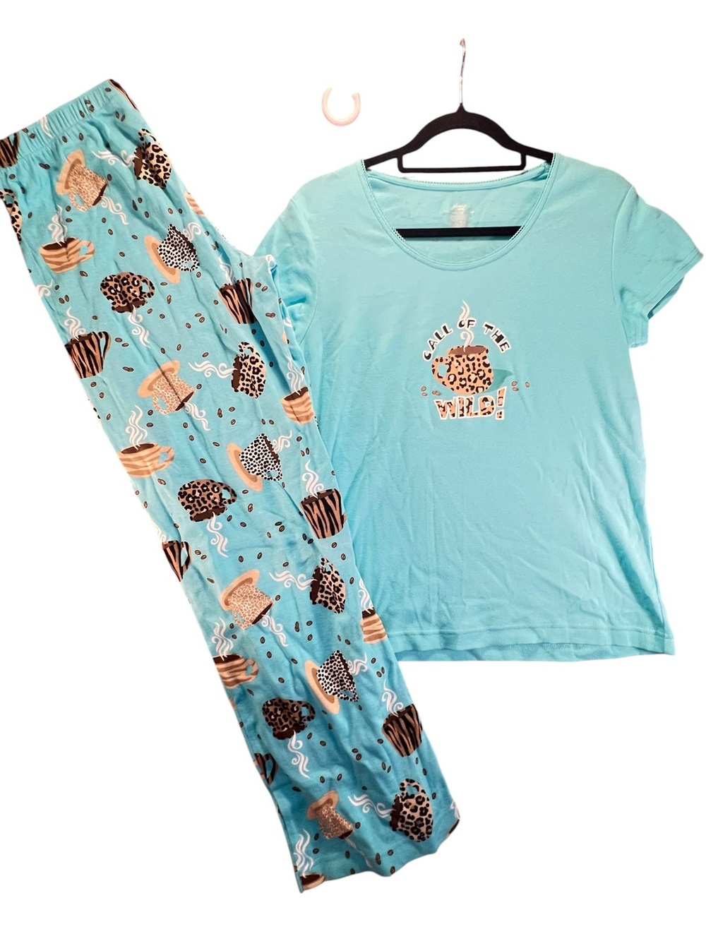 Adonna Pajama Set M Call of the Wild Coffee Leopard Print Aqua 100% Cotton